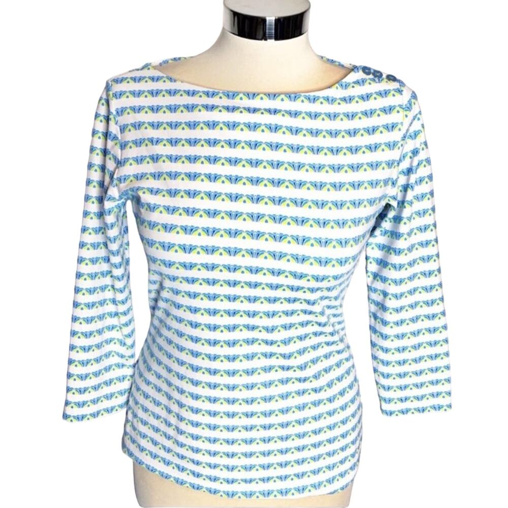 J. McLaughlin White Striped Floral Boatneck Top with Blue and Green